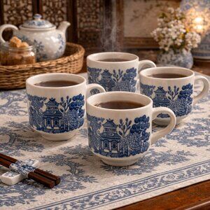 Vintage Churchill Set of 4 Blue Willow Tea Cup/Coffee Mug | England | 50s